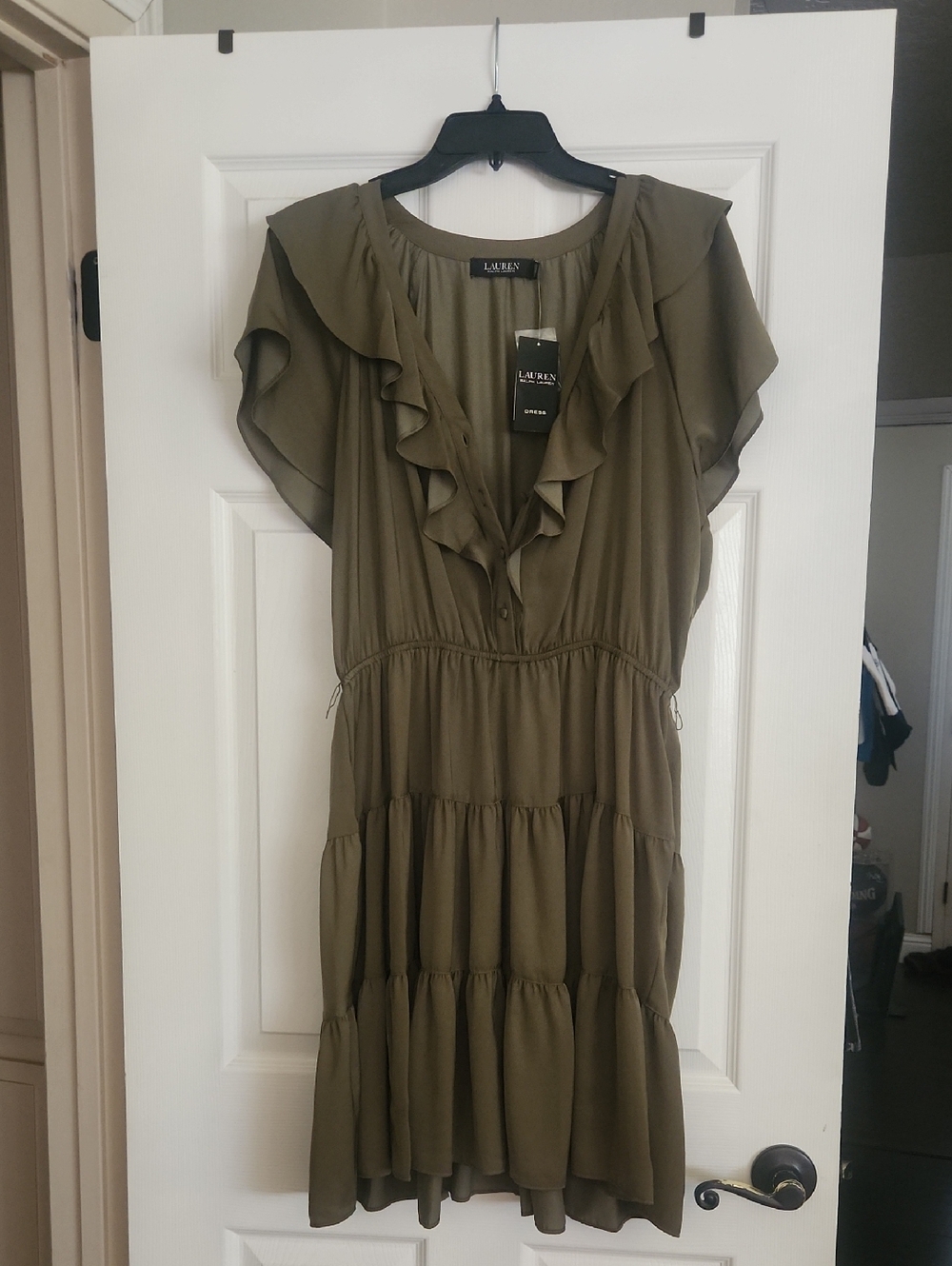Lauren Ralph Lauren Olive Green Ruffle-Tier Midi Dress